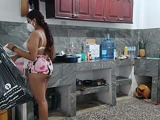 Busty ebony MAID masturbates while prepping DINNER in KITCHEN