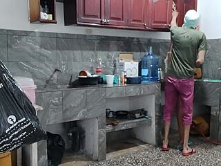Busty ebony MAID masturbates while prepping DINNER in KITCHEN