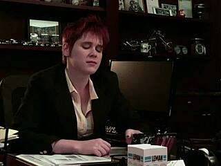 rude redhead boss dominates her submissive lesbian worker with strapon thrusts