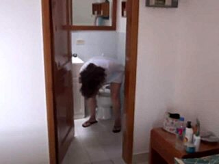 imagine your beautiful latina stepmom flashing her huge hairy pussy after pissing and washing those fat milf lips