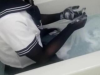 sailor suit n blak stokings lotion bath mess!!