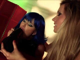 Blue haired babe and big ass blondie deepthroat in depraved lingerie orgy