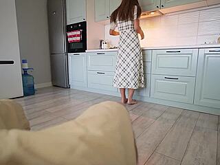 Stepmom catches stepson boner cooking helps cum ass