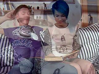 blue-haired aster v tongues milo p's jizz after hardcore doggystyle ride