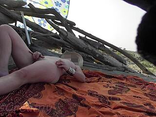 Misscreamy's french teacher flashes wet pussy on beach masturbating publicly for voyeurs