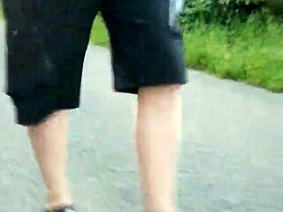 german chubby walks public morning nylon feet in birkenstocks showing legs