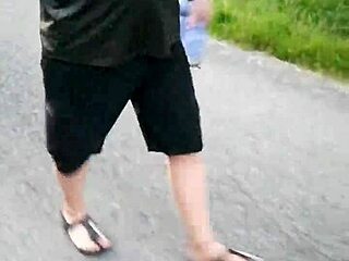 german chubby walks public morning nylon feet in birkenstocks showing legs