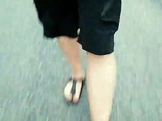german chubby walks public morning nylon feet in birkenstocks showing legs