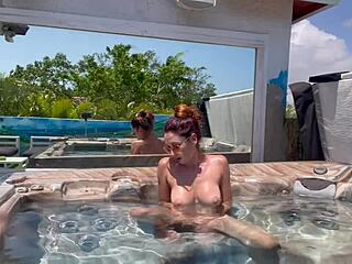 italian milf artemisia love fingers her big tits body naked in outdoor jacuzzi