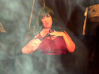 curvy fat witch with huge tits and big ass spreads plump pussy for halloween cosplay roleplay cum on natural boobs