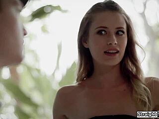 Brunette stepsister spreads shaved pussy for nerd stepbrother fucking