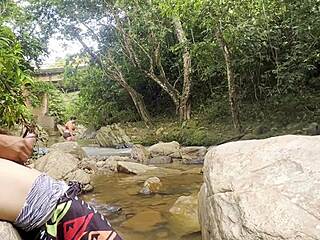 so this unknown latina pulls me to the river for a wet handjob then squeezes milk from her huge tits all over