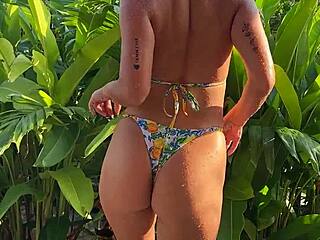 Pretty Brunette in Tropical Bikini Dances Sensually Outdoors