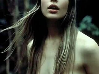 Wet AI beauty poses topless with perfect natural tits in forest rain