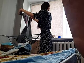 While girlfriend hangs laundry, i bend her over and fuck her pussy hard with strapon toys!