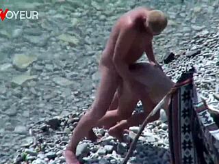 voyeur catches tanned slut wife flashing then sucking and fucking on public beach