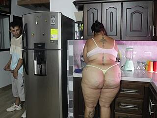 stepson spies on busty latina milf and ends up pounding her tight pussy doggystyle in kitchen