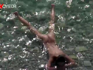 voyeur catches tanned slut wife flashing then sucking and fucking on public beach