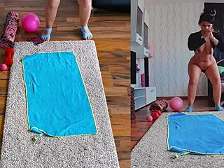Curvy milf sweats through naked yoga spreading big ass cheeks!