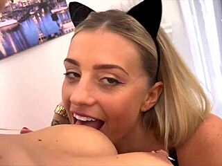 french cougar brunette and blonde lesbian lick pierced nipples and huge tits for husband