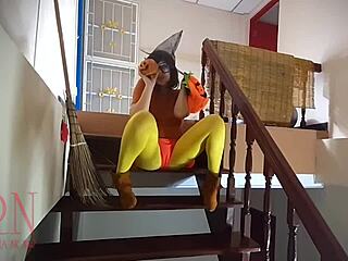 hey check out this halloween witch regina noir as velma in yellow pantyhose stripping on old house stairs with pumpkins
