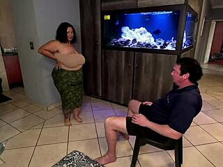 bbw brunette strips teases big tits big ass then sucks white guy's big black cock hungry