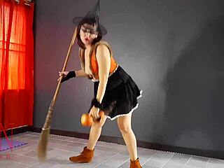 hey check out this halloween witch regina noir as velma in yellow pantyhose stripping on old house stairs with pumpkins