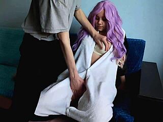 😍 cute purple-haired girl can't get enough of my huge throbbing penis, sucking and stroking till explosion!