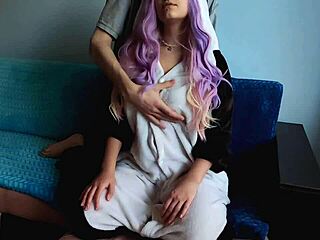 😍 cute purple-haired girl can't get enough of my huge throbbing penis, sucking and stroking till explosion!