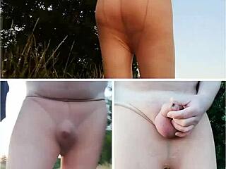 i flash my ass in strumpfhose outdoors in the forest close-up