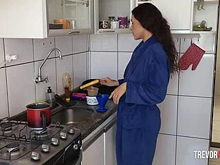 early morning kitchen coffee leads to ebony latina hairy pussy doggystyle pounding