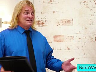 busty teen masseuse bella rolland drenches evan stone in nuru gel naked body rub!
