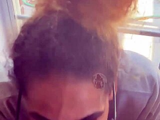 lightskin ebony stepsis slurps sloppy blowjob by window cum face while boyfriend searches