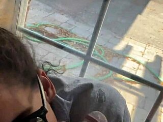 lightskin ebony stepsis slurps sloppy blowjob by window cum face while boyfriend searches