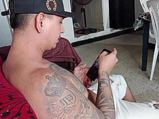 Curvy latina milf catches horny stepson stroking huge cock rips clothes for creampie fuck part 1
