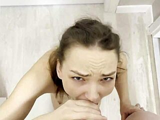 Shower blowjob ends with girlfriend's joyful cum swallow