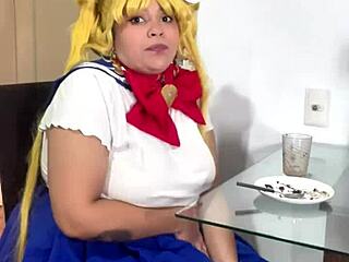 chubby latina sailor moon cosplay rips skirt for nasty farts and dirty talk solo