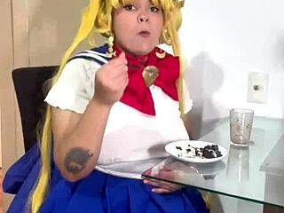 chubby latina sailor moon cosplay rips skirt for nasty farts and dirty talk solo