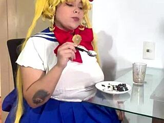 chubby latina sailor moon cosplay rips skirt for nasty farts and dirty talk solo