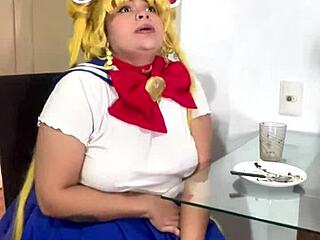 chubby latina sailor moon cosplay rips skirt for nasty farts and dirty talk solo