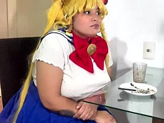chubby latina sailor moon cosplay rips skirt for nasty farts and dirty talk solo