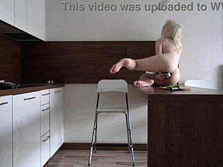 Cute blonde teen fingers pussy moaning loud on kitchen counter solo