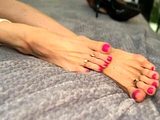 brunette milf solo begs guy to cum on her feet