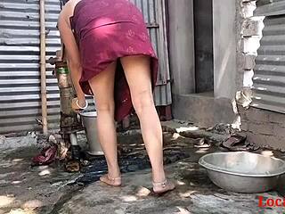 village wife bends over for hardcore outdoor fuck with husband's friend