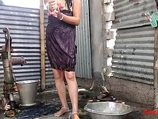 village wife bends over for hardcore outdoor fuck with husband's friend