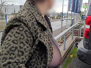 Curvy milf flashes huge saggy natural tits thru sheer top on street