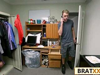towering quarterback bends over tiny college teen in dorm for hard doggystyle pounding
