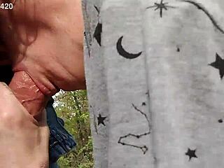 guy gets deepthroat blowjob from slutty wife in deep forest swallows every drop