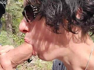 guy gets deepthroat blowjob from slutty wife in deep forest swallows every drop
