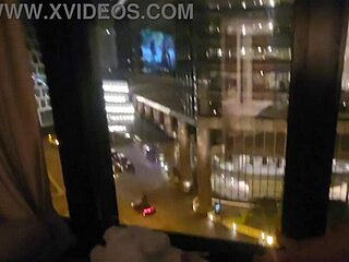 naughty wife fingers her wet clit close-up in front of hotel window public orgasm thrill